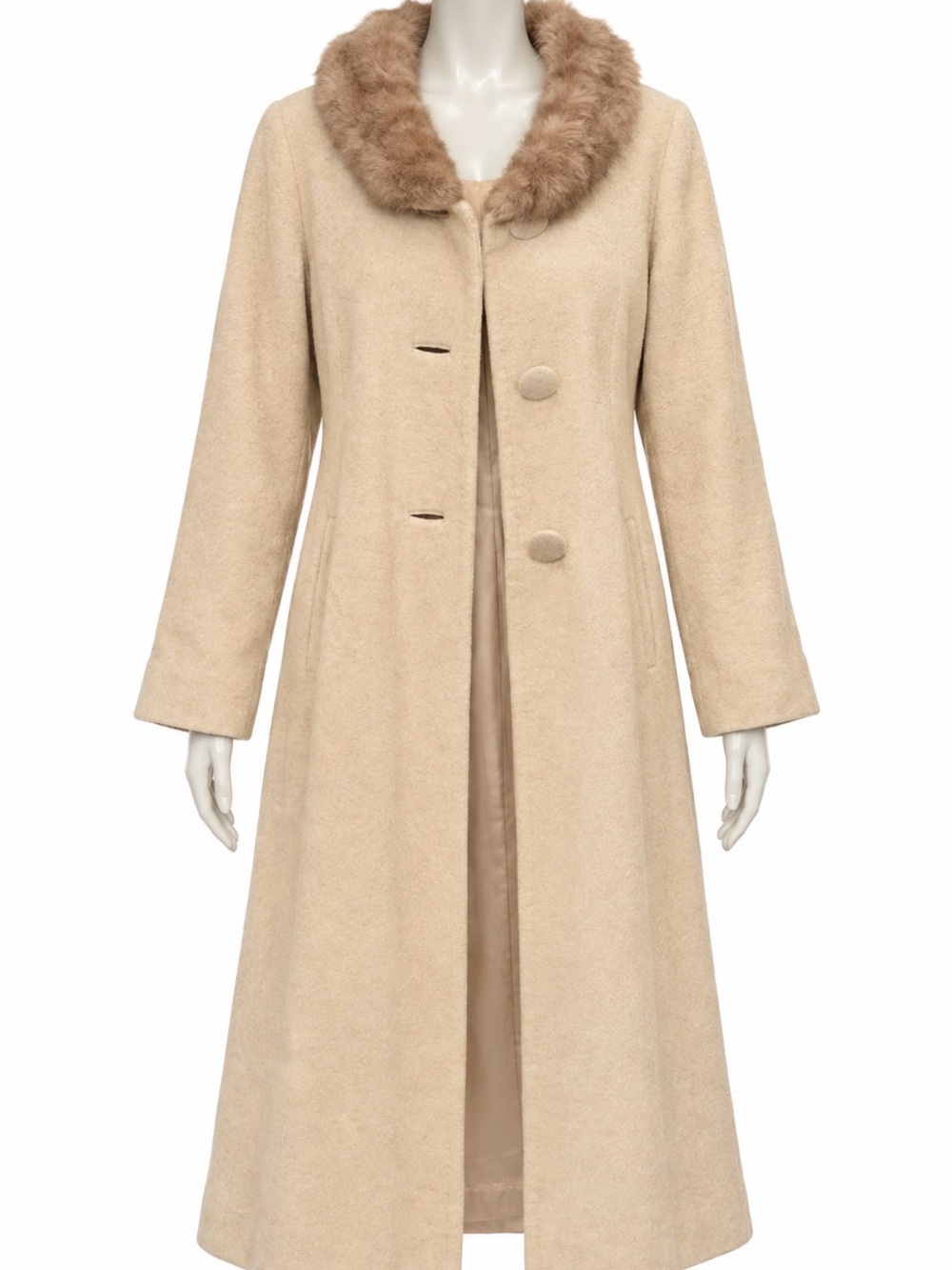 Women’s Cream Long Cashmere Coat with Mink Fur Collar